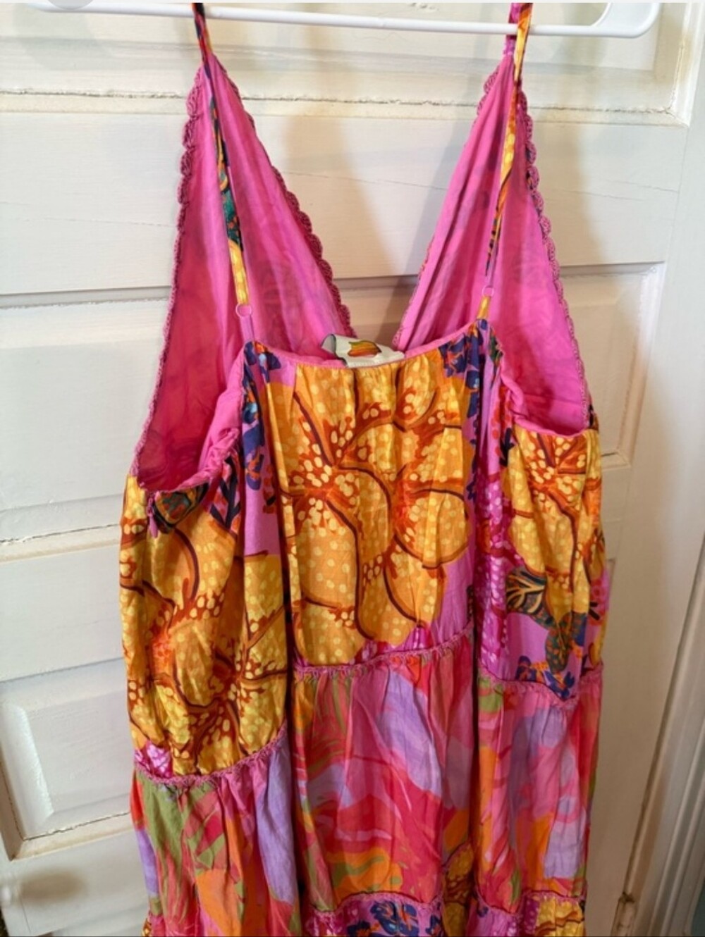 Farm Rio Gorgeous Tropical Pink & Yellow Tiered Maxi Sundress Large - Picture 5 of 8